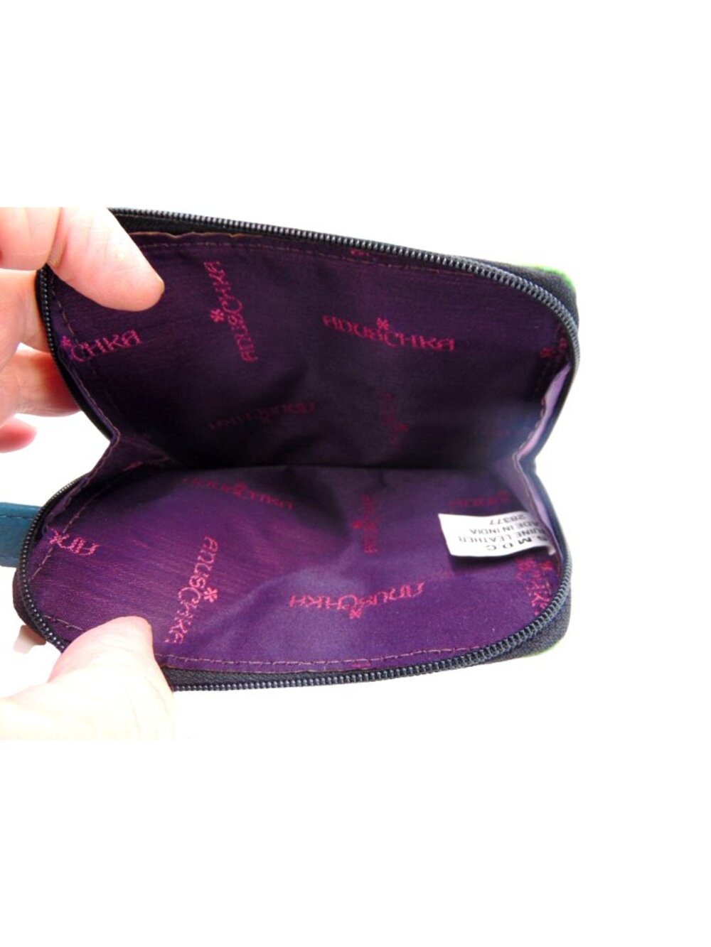 Anuschka Leather Crossbody Purse Wallet Teal Blue Feather Peacock Hand Painted - Picture 9 of 16